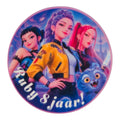 Set van 20 ronde gepersonaliseerde Huntrix KPOP Demon Hunters traktatie stickers met naam en leeftijd van Milas Trakteert.