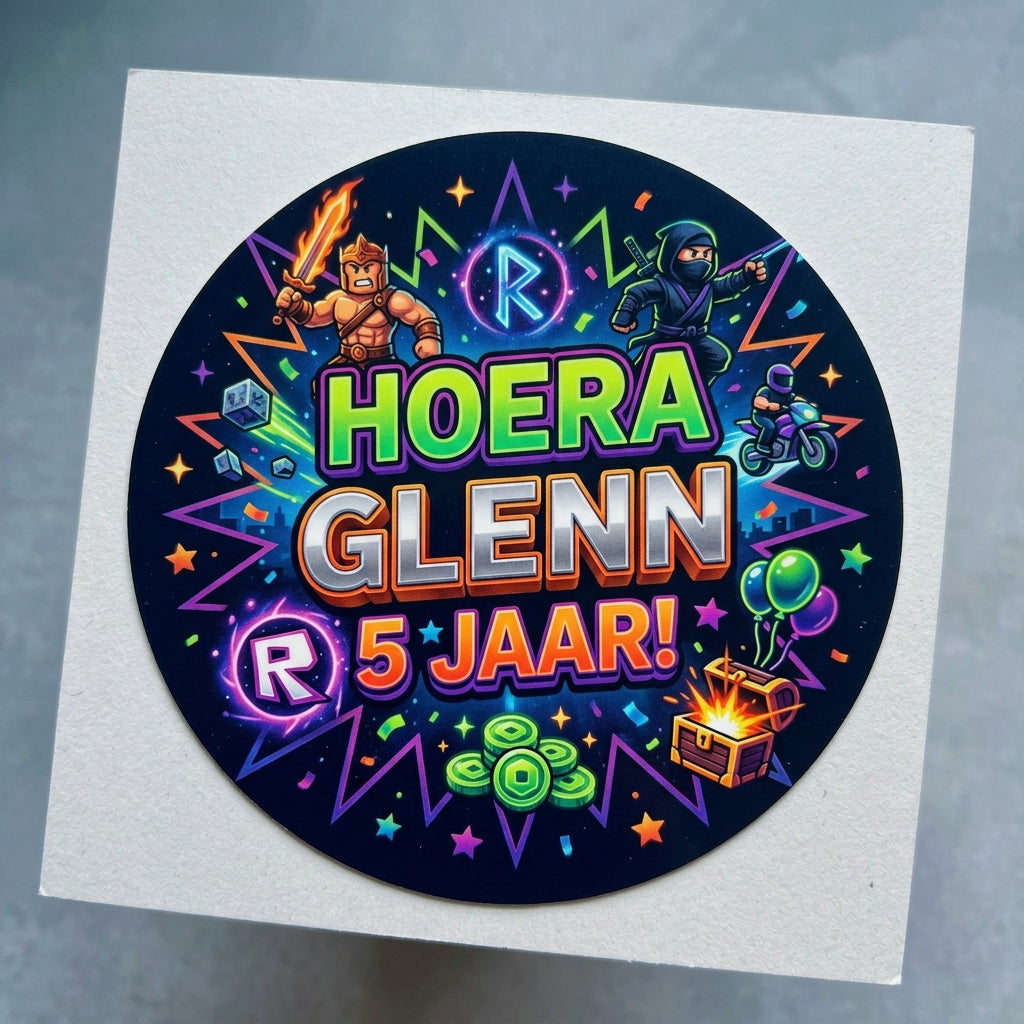 20 ronde Roblox traktatie stickers van 4 cm op een vel met afbeeldingen van populaire Roblox karakters voor een kindertraktatie.