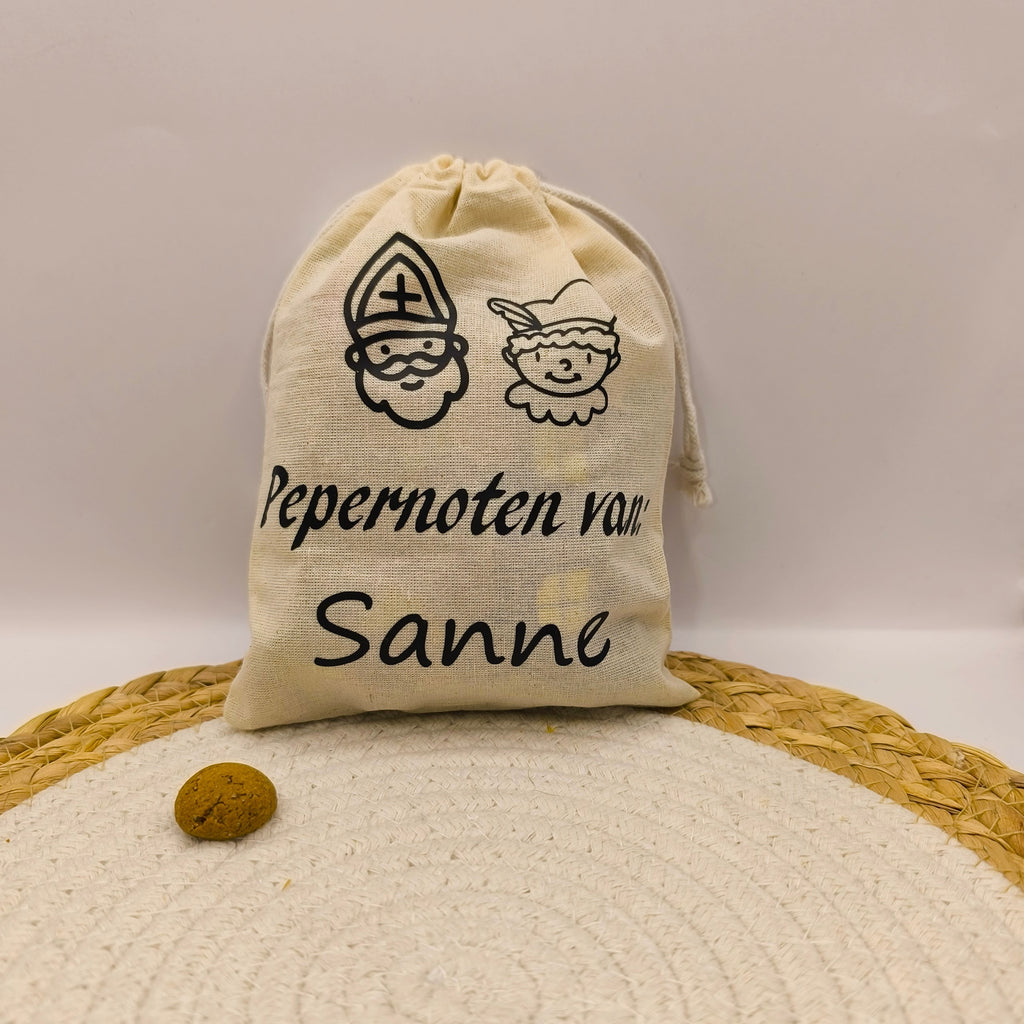 Canvas zakje | 13*18cm | Pepernoten van: | Met naam | Met of zonder pepernoten |Kruidnoten |250gram