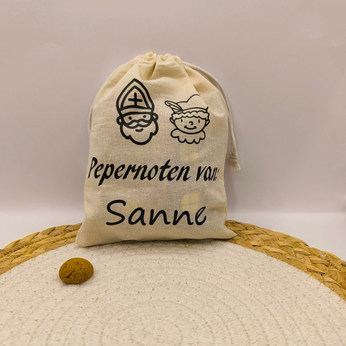 Canvas zakje | 13*18cm | Pepernoten van: | Met naam | Met of zonder pepernoten |Kruidnoten |250gram