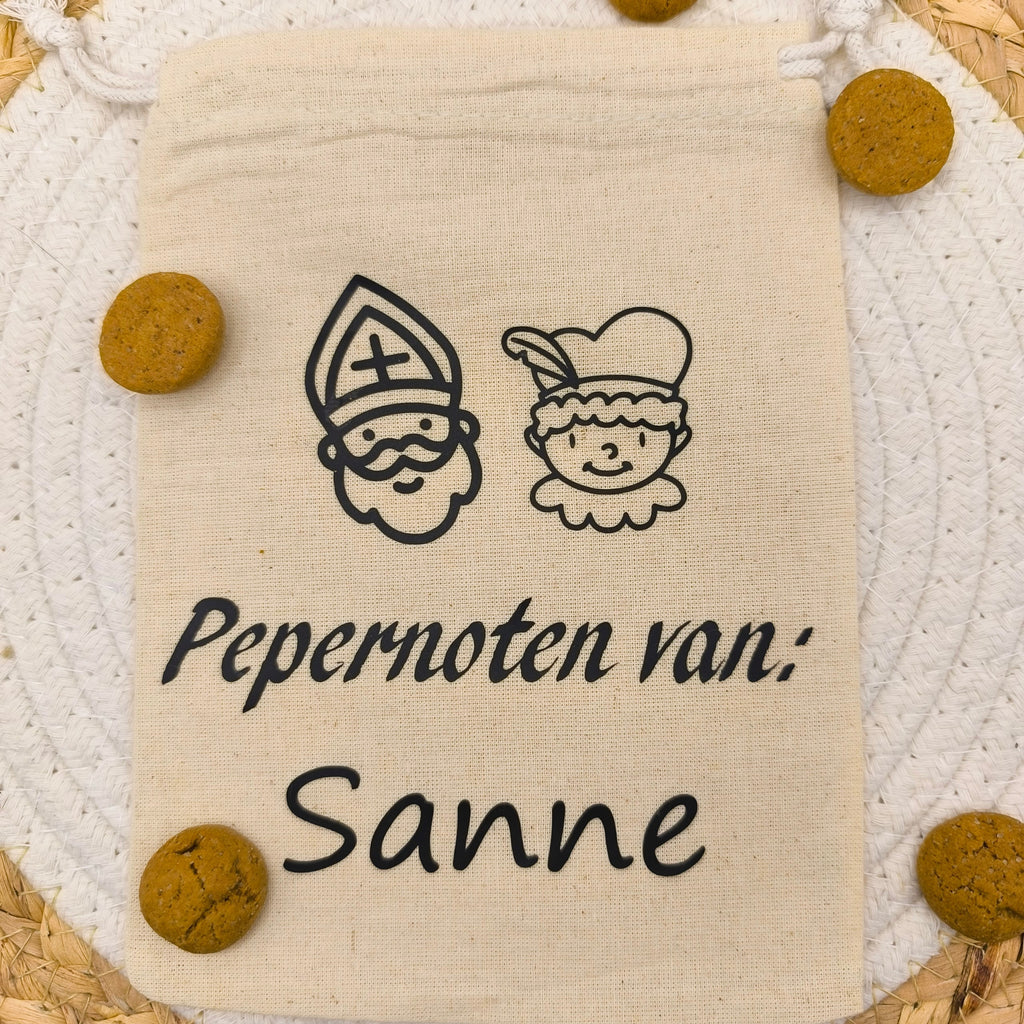 Canvas zakje | 13*18cm | Pepernoten van: | Met naam | Met of zonder pepernoten |Kruidnoten |250gram
