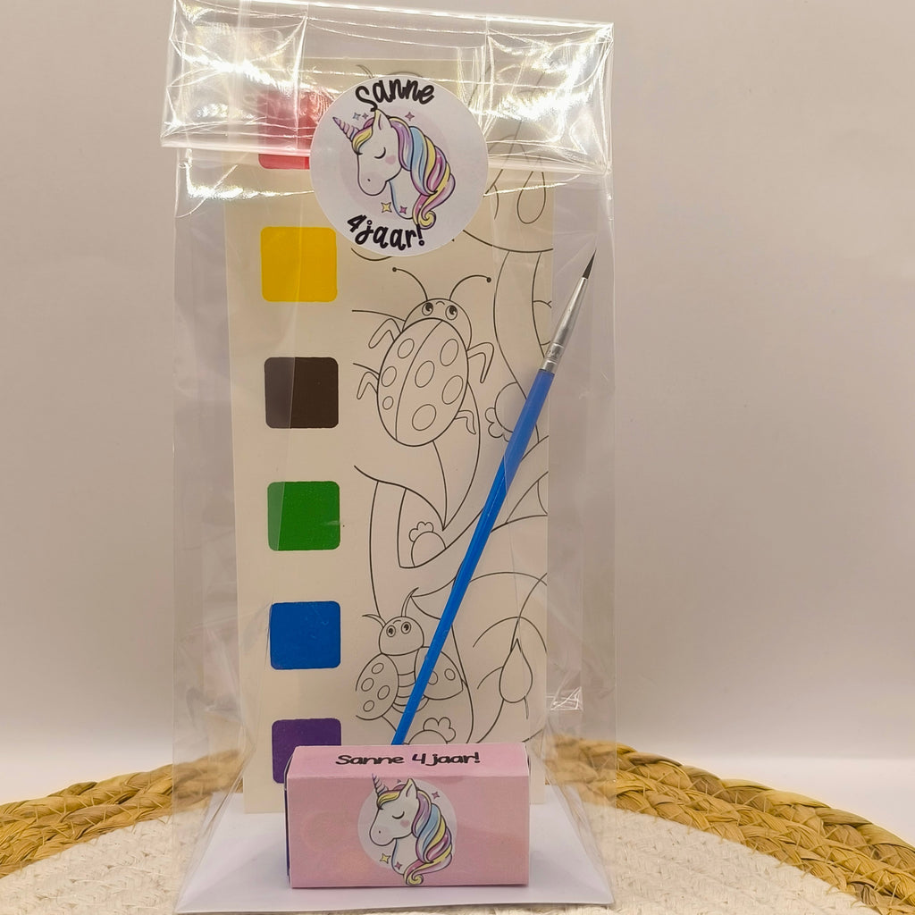 Traktatie met waterverf tekening | Smarties of rozijnen | Met naam en leeftijd | verschillende thema's