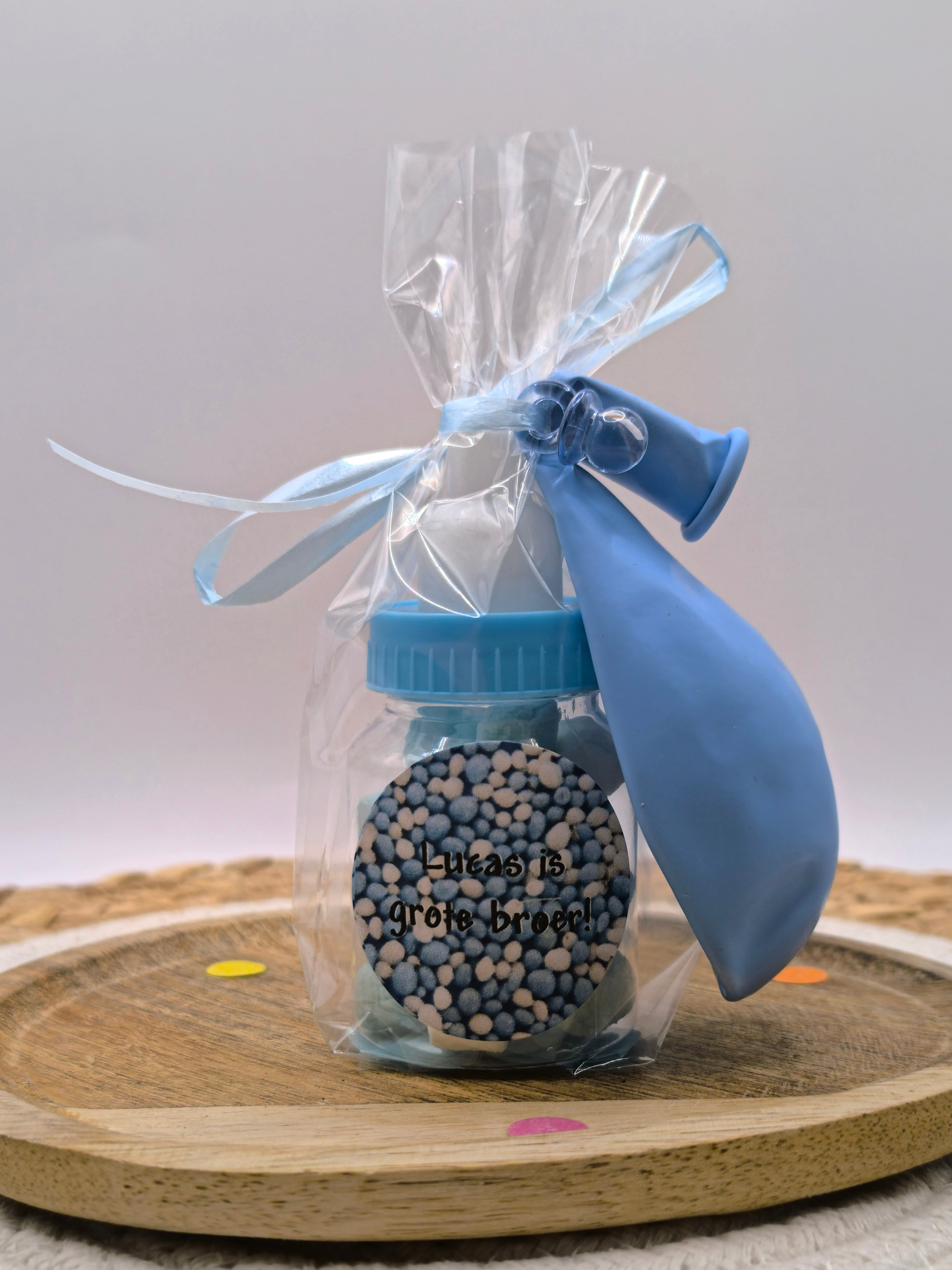 Babyfles Blauw- Blauw & Witte spekjes- Ballon - Speentje- Gepersonaliseerde Sticker